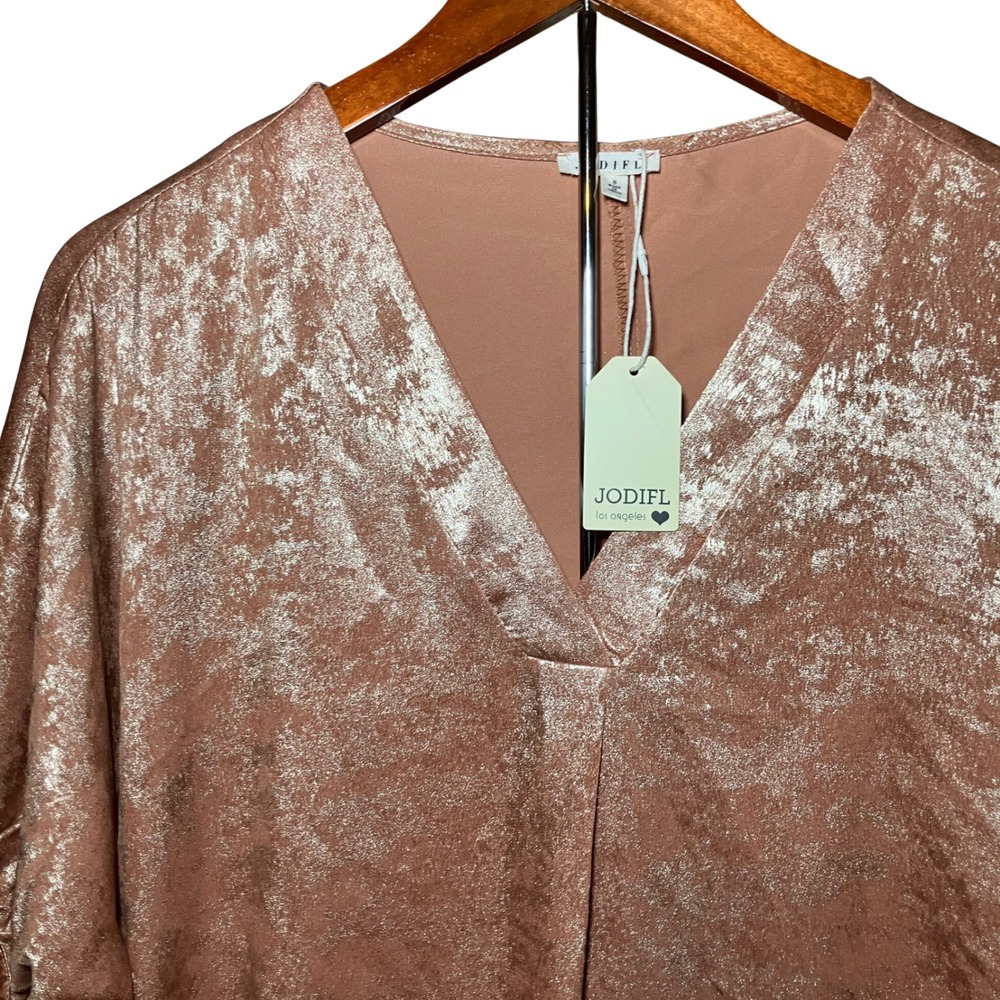 Jodifl Metallic Shimmer Blouse Small/Large Caramel Gold New V-Neck Cuffed Sleeve - Picture 2 of 8